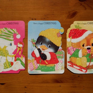 3 つのかわいいヴィンテージの子供用クリスマス カード - 1970 年代の子供用クリスマス カード - クリスマス 子猫 テディベア ジャーナル スクラップブック エフェメラ