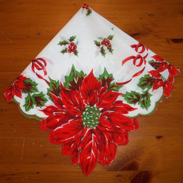 Vintage Christmas Poinsettia Hankie - Vintage Green Red X-mas Poinsettias Holly Bows Scalloped Holiday Hankie - Christmas Holidays Linen