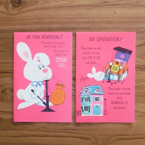 2 cartões de melhoras retrô vintage dos anos 70 - Cartão de melhoras engraçado e humorístico com coelho - Cartão de melhoras vintage dos anos 70 - Ephemera
