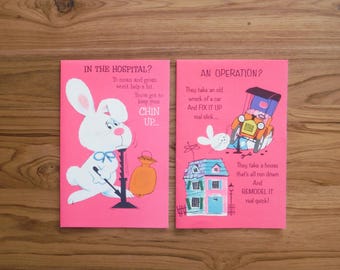 2 Vintage 1970's Retro Get Well Cards - Vintage Get Well Wishes Funny Humor Rabbit Card - '70's Get Well Vintage Greeting Card Ephemera