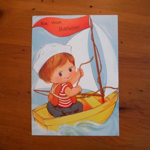 Vintage 1960's Birthday Boy Card - 1960's Boy Sailboat Birthday Card Ephemera - Glossy Cute Child Birthday Junk Journal Scrapbook Ephemera