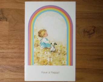 Vintage 1970's Friend Birthday Card - '70's Friend Happy Birthday Rainbow Greeting Card - Cute Puppy Dog Religious Birthday Card