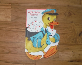Vintage 1960's Happy Birthday Child's Coloring Card - '60's Cute Duck Birthday Card - Boy Girl Color Activity Birthday Card