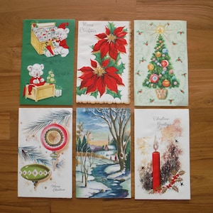 6 Delightful Vintage Christmas Cards - 1960&#39;s Holiday Christmas Xmas Cards - Christmas Tree Ornaments Candles Teddy Bears Journal Ephemera
