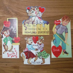 4 cartes vintage pour la Saint-Valentin - cartes vintage pour la Saint-Valentin avec un ami d'enfants d'âge scolaire - vintage chatons animaux garçon Saint-Valentin éphémères