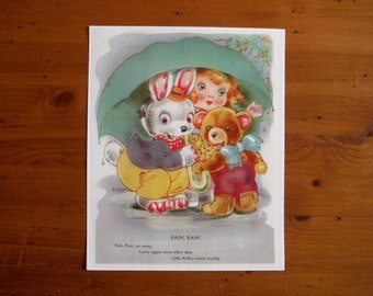 Vintage 1930's Child's Nursery Rhyme Print - Vintage Rain, Rain, Go Away Print - Vintage Nursery Artwork Wall Decor Ephemera
