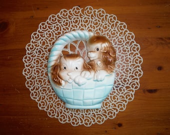 Vintage Puppy Dogs Chalkware - Puppies Dog Pair in Blue Basket Chalk Ware - Vintage Nursery Decor - C Favor Chalk Ware Wall Decor