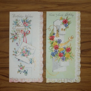 2 mooie vintage jaren 60 verjaardagskaarten - shabby chic bloemen verjaardagskaart - jaren 60 verjaardag bloemen kaart ongewenste dagboek plakboek kortstondige