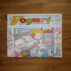 Vintage Vogart Baby Nursery Transfer Patterns - 1960&#39;s Hot Iron-On Fabric Embroidery Painting Patterns - Vogart #705 Toddler Transfers