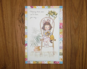 Tarjeta vintage caprichosa para desear una pronta recuperación - Tarjeta vintage con deseos de pronta recuperación - Tarjeta de felicitación de pronta recuperación con gatita de los años 70 - Efímera de diario basura