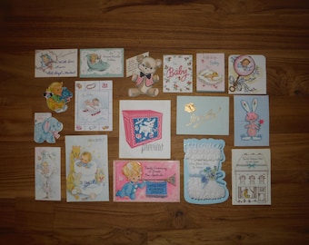 Lote com 17 cartões vintage para recém-nascidos - anos 1950 - 1970 - Cartões de felicitações para recém-nascidos - Diário de parabéns para bebês, meninos e meninas, itens de scrapbook