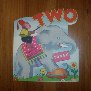 Vintage unbenutzte zweite Geburtstagskarte - 1940er Jahre zwei Jahre alte Karte - Vintage zweiter Geburtstag Mia Karte - Affe Elefant Zwei Jahre Geburtstagskarte