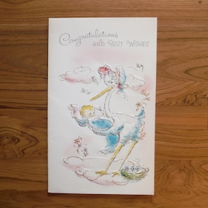 Cutest Vintage New Baby Card - Vintage 1960&#39;s New Baby Stork Card - &#39;60&#39;s Baby Boy Baby Girl Glitter  Card Journal Scrapbook Ephemera