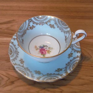 Vintage Victoria C & E Tea Cup and Saucer Set - English Floral Spray Pale Blue Gold Tea Cup Set - Vintage Bone China Cup Saucer Set