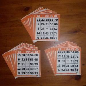 25 Vintage Bingo Kaarten - Vintage Oranje Zwart Bingo Kaart Sheets - Vintage Bingo Stuff - Papieren Junk Journal Game Cards Ephemera