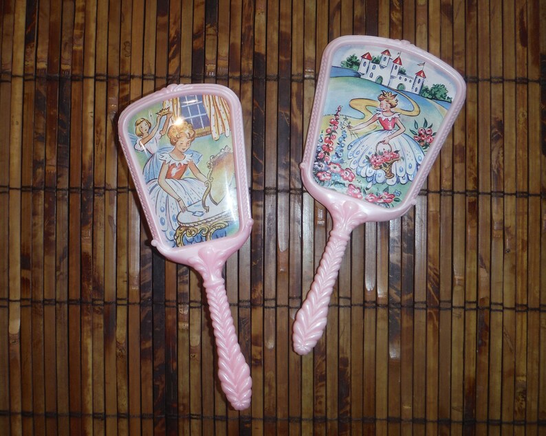 Vintage Child S Vanity Mirror Brush 60 Girl Pink Plastic Princess Hand Held Set Shabby Chic Children