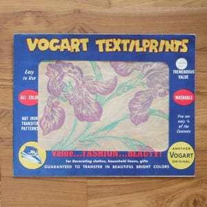 Vintage 1950&#39;s Vogart Textilprints Transfers - Hot Iron On Fabric Transfer Pattern - Vogart Textil Purple Iris Flowers Floral Transfers