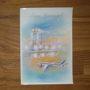 Tarjeta de viaje vintage "Happy Landings" - Tarjeta de felicitación de los años 60 "Buen viaje" - Tarjeta retro "Que tengas un buen viaje" - Efímera para diario y álbum de recortes