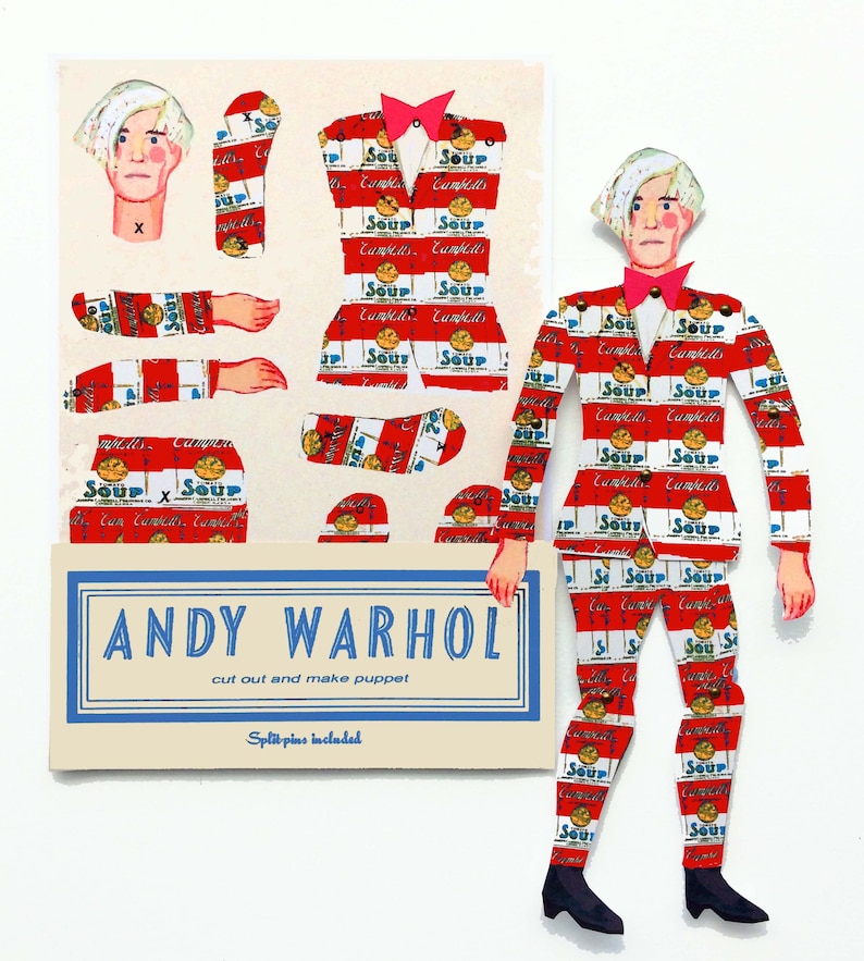 Andy Warhol Paper Puppetarticulated puppet, cut out and make, craft puppet, gifts for teenagers, puppet kits, rainy day activity, quality image 4