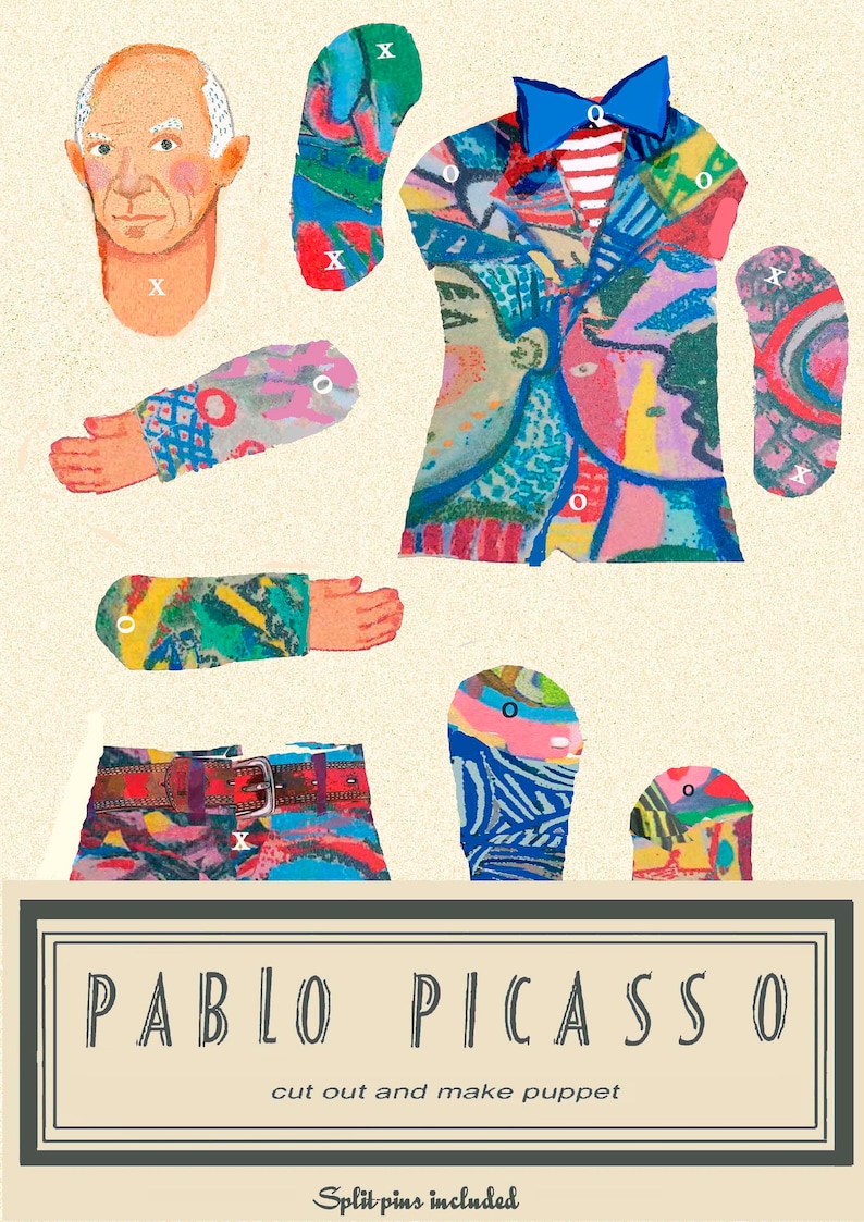 Pablo Picasso Puppet, articulated puppet, cut out and make, craft puppet, gifts for teenagers, puppet kits, rainy day activity, quality image 2