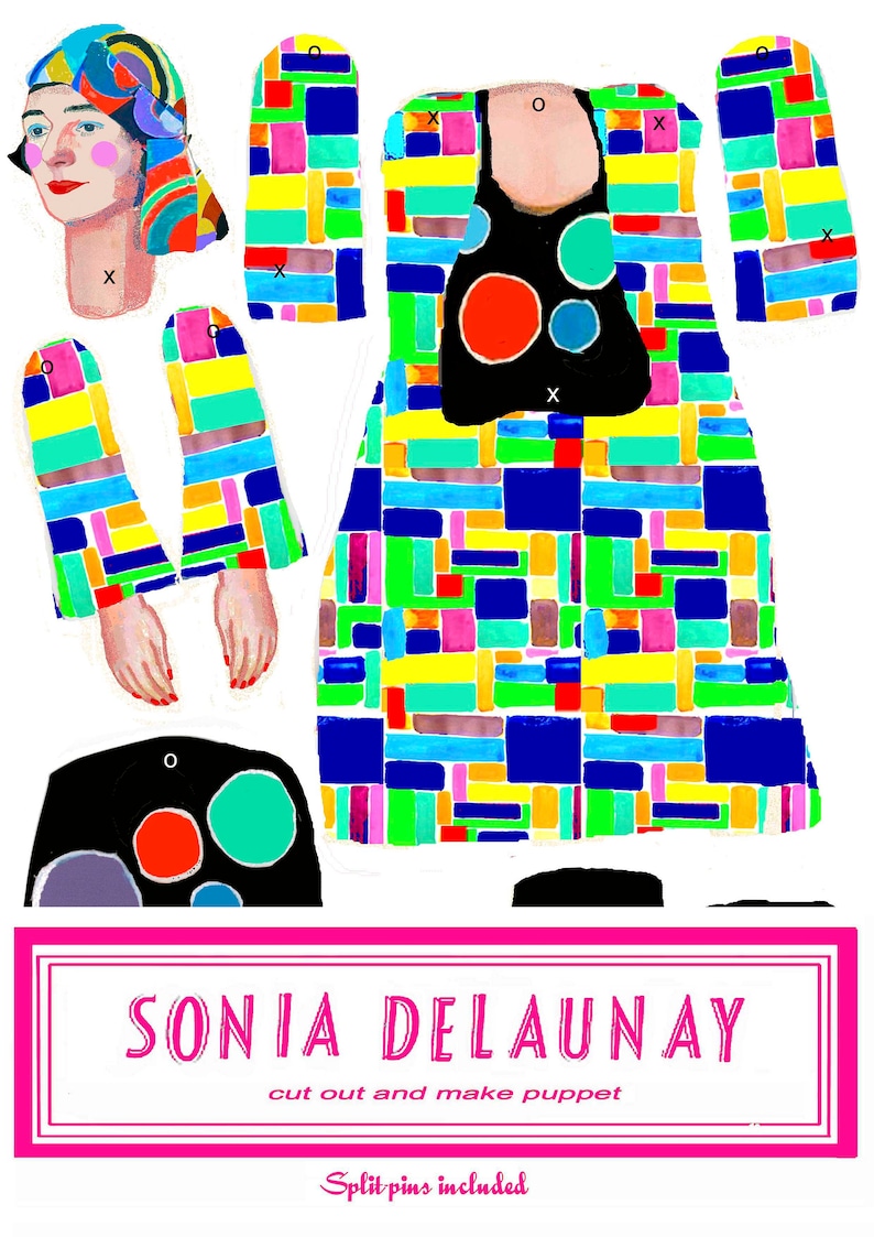 May include: A paper doll cutout of a woman wearing a colourful geometric patterned dress and hat. The doll is ready to be cut out and assembled. The text "SONIA DELAUNAY cut out and make puppet Split pins included" is printed below the doll.