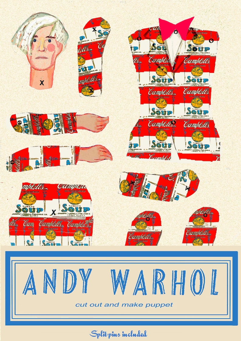 Andy Warhol Paper Puppetarticulated puppet, cut out and make, craft puppet, gifts for teenagers, puppet kits, rainy day activity, quality image 2