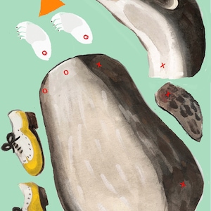 Puede incluir: Ilustraci&oacute;n en acuarela de un tej&oacute;n con partes del cuerpo separadas, incluyendo cabeza, torso, patas y pajarita. Tambi&eacute;n se incluyen dos zapatos amarillos y blancos. El fondo es de color verde claro.