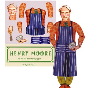 Puede incluir: Una marioneta de papel de Henry Moore, ilustrada en acuarela. La marioneta lleva un delantal a rayas azules y blancas sobre una camisa naranja. Las piezas recortadas adicionales incluyen brazos, piernas y una cabeza. El texto dice "HENRY MOORE cut out and make paper puppet".