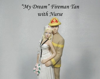 Fireman Tan Groom and Nurse Bride Wedding cake topper 49FTN