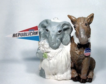 Political Election Cake Top Republican Elephant Bride with Democrat Donkey Groom 51ED