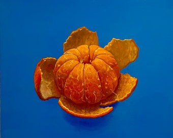 Mandarine small original oil painting orange tangerine on blue kitchen art  food artwork fruit still life painting home decor fruit art