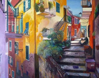 Landscape oil painting original bright colors houses Tuscany art painting on canvas, original oil painting on canvas landscape Italy