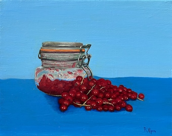 Small fruit still life red painting kitchen art cranberries