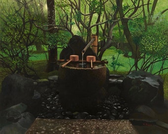 Painting on canvas original Original oil painting on canvas of ritual Japanese fountain Chozu-ya, realism art, landscape of Japan