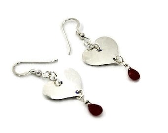 Cute Sterling Silver Heart Earring with Pink Sapphire Drops