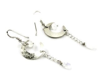 Crescent Moon Sterling Silver Earrings with moonstone drops