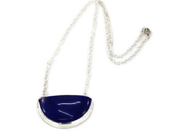 Lapis Lazuli Half Circle Sterling Silver Pendant Necklace