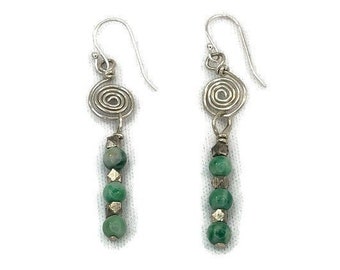 2 In Chinese Jade, African Silver colored metal beads, Sterling Silver Swirl Earrings