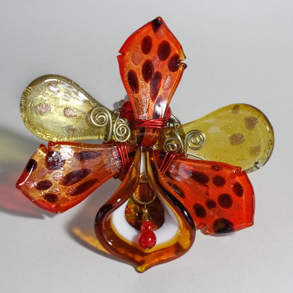 Glass and Wire Orchid, Vibrant Red and Gold