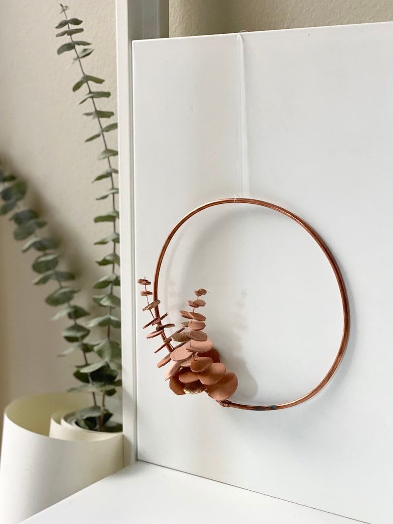leather eucalyptus wreath // 3 sizes // nursery decor // minimalist wreath // copper hoop wreath // modern home decor // wall hanging hoop 6" diameter