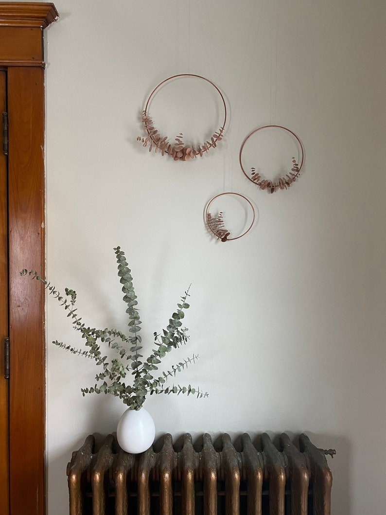 leather eucalyptus wreath // 3 sizes // nursery decor // minimalist wreath // copper hoop wreath // modern home decor // wall hanging hoop 8" diameter, center