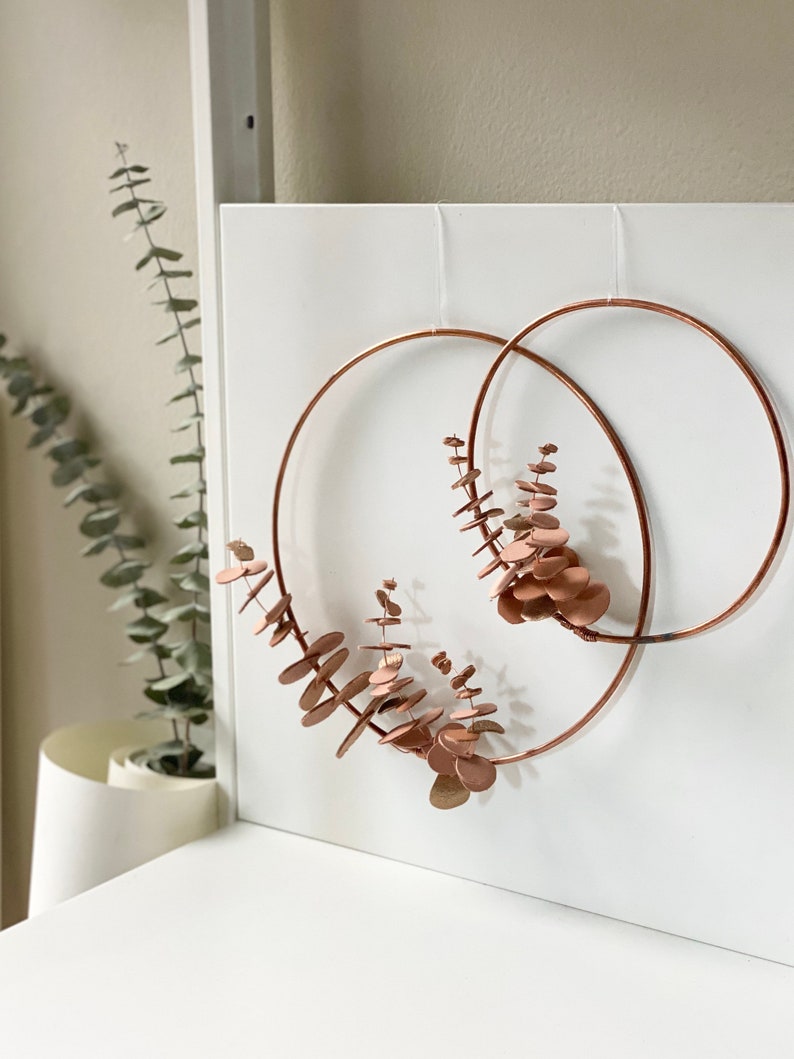 leather eucalyptus wreath // 3 sizes // nursery decor // minimalist wreath // copper hoop wreath // modern home decor // wall hanging hoop image 1