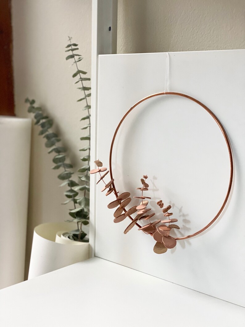 leather eucalyptus wreath // 3 sizes // nursery decor // minimalist wreath // copper hoop wreath // modern home decor // wall hanging hoop 8" diameter, left