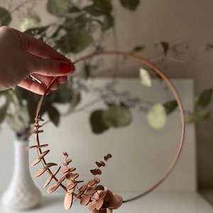 leather eucalyptus wreath // 3 sizes // nursery decor // minimalist wreath // copper hoop wreath // modern home decor // wall hanging hoop image 6