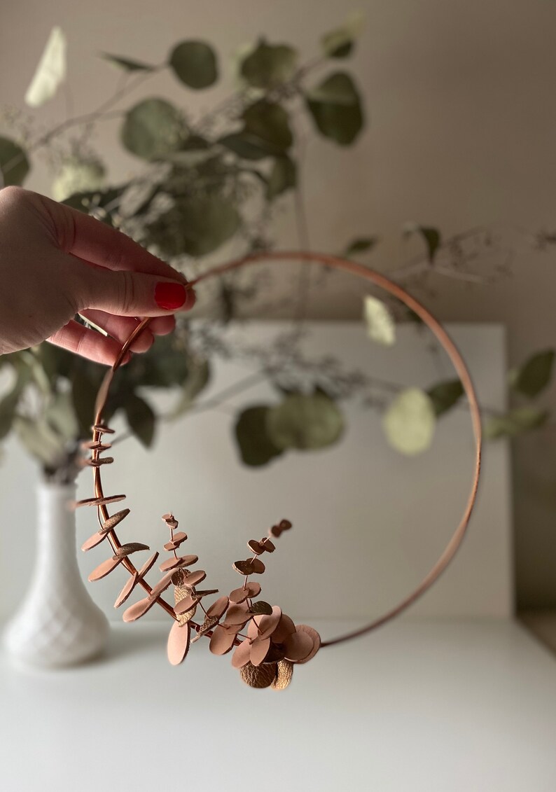 leather eucalyptus wreath // 3 sizes // nursery decor // minimalist wreath // copper hoop wreath // modern home decor // wall hanging hoop image 6