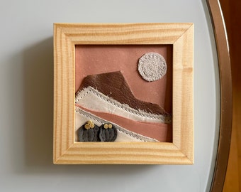 leather landscape collage #004 // mountain art // framed mini wall art // 4"x4" landscape mini art // desert art // leather gift