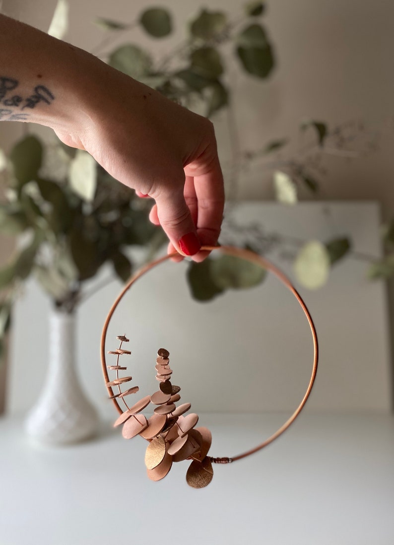 leather eucalyptus wreath // 3 sizes // nursery decor // minimalist wreath // copper hoop wreath // modern home decor // wall hanging hoop image 8