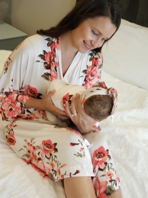 and Swaddle Set Maternity 4-Piece Labor Delivery Matching Robe Robe, Baby Gown, Blanket, Headband or Hat Knotted Gown