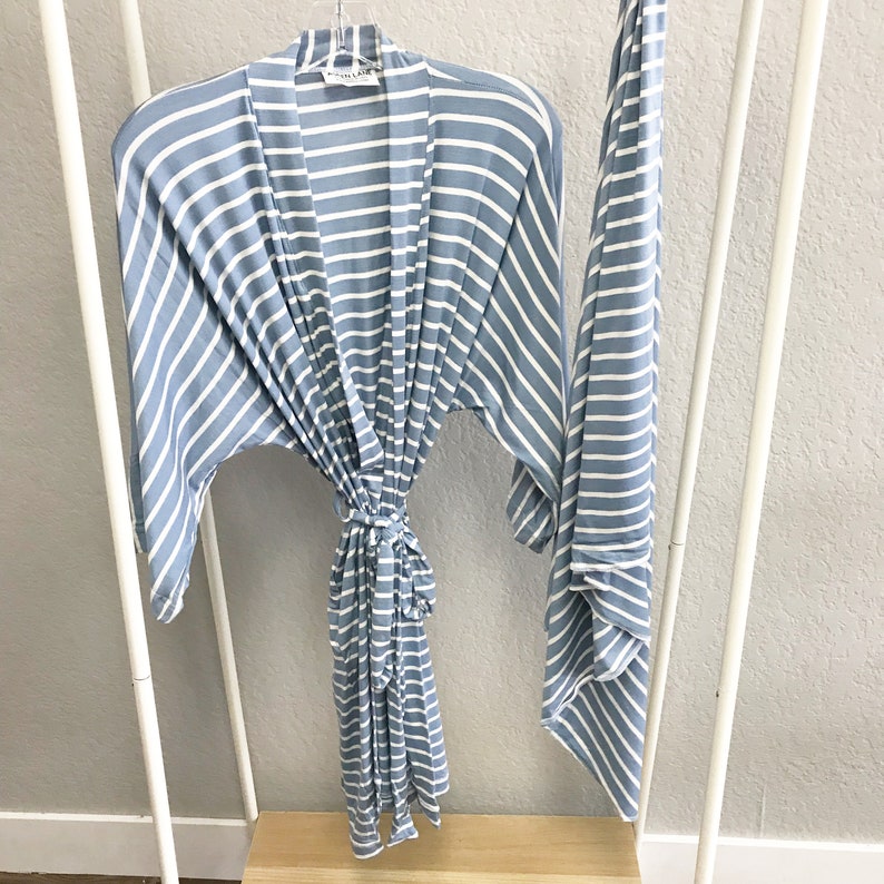 USA MADE Blue Stripe Hospital Maternity Nursing Robe Baby Boy Matching Swaddle Set