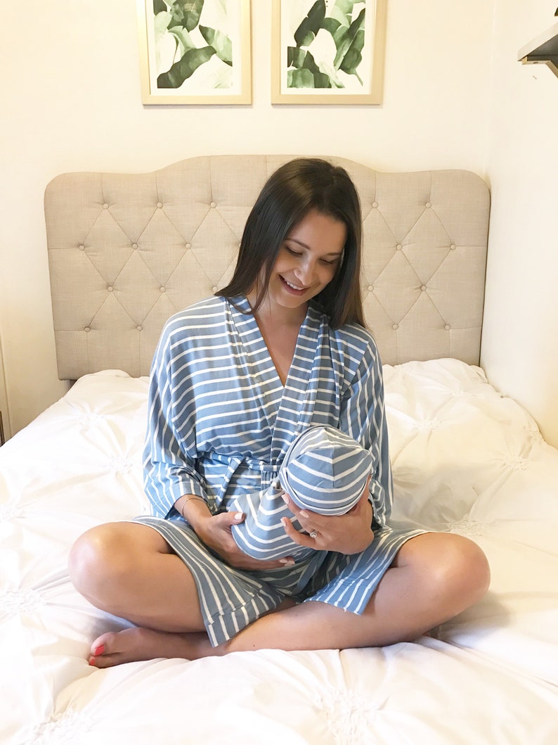 USA MADE Blue Stripe Hospital Maternity Nursing Robe Baby Boy Matching Swaddle Set